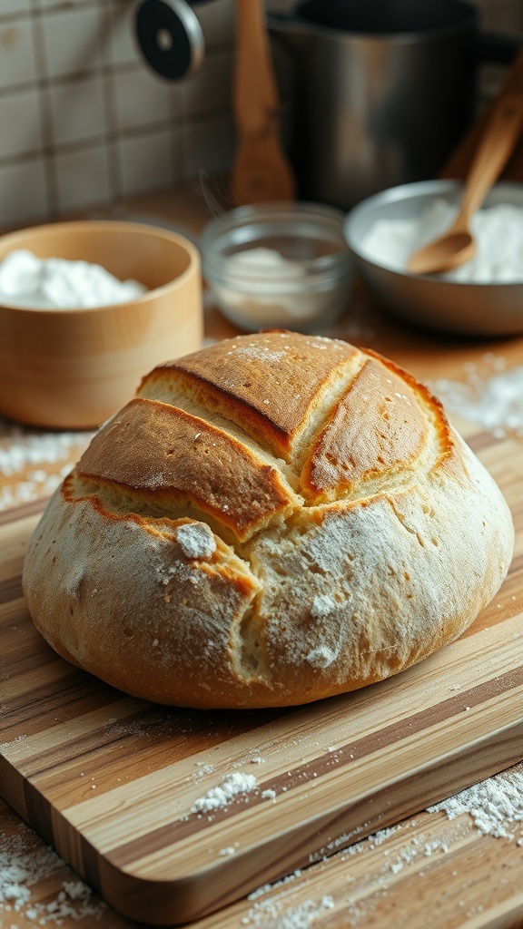Homemade Dutch Oven Bread Recipe Freshly baked homemade bread with a golden crust on a wooden board in a cozy kitchen.